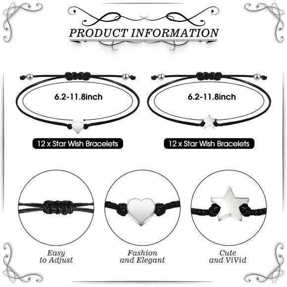 24 Pcs Womens Heart and Star Wish Bracelets Set Adjustable Wax Rope Gifts - Picture 2 of 7